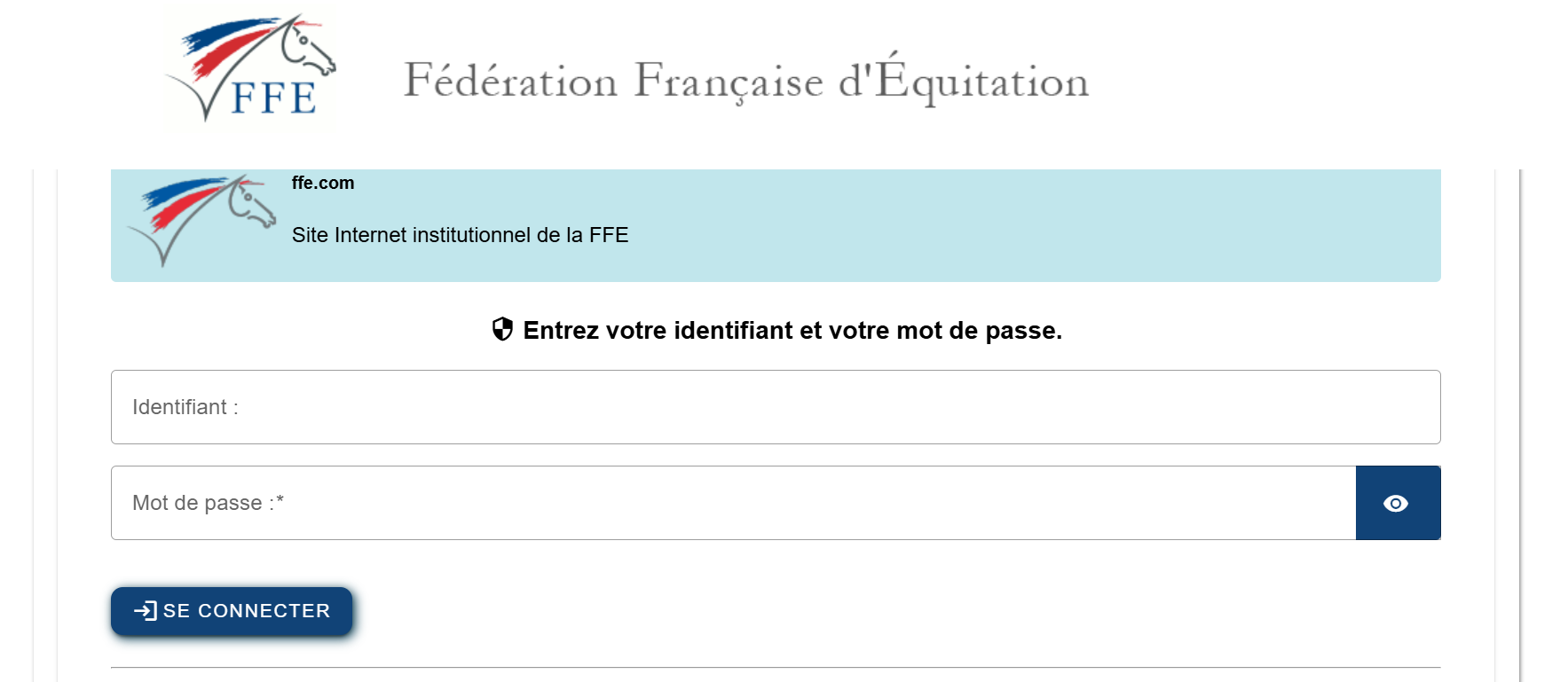 Espace de connexion de la FFE SIF, Fédération Française d'Equitation Espace de connexion de la FFE SIF, Fédération Française d'Equitation