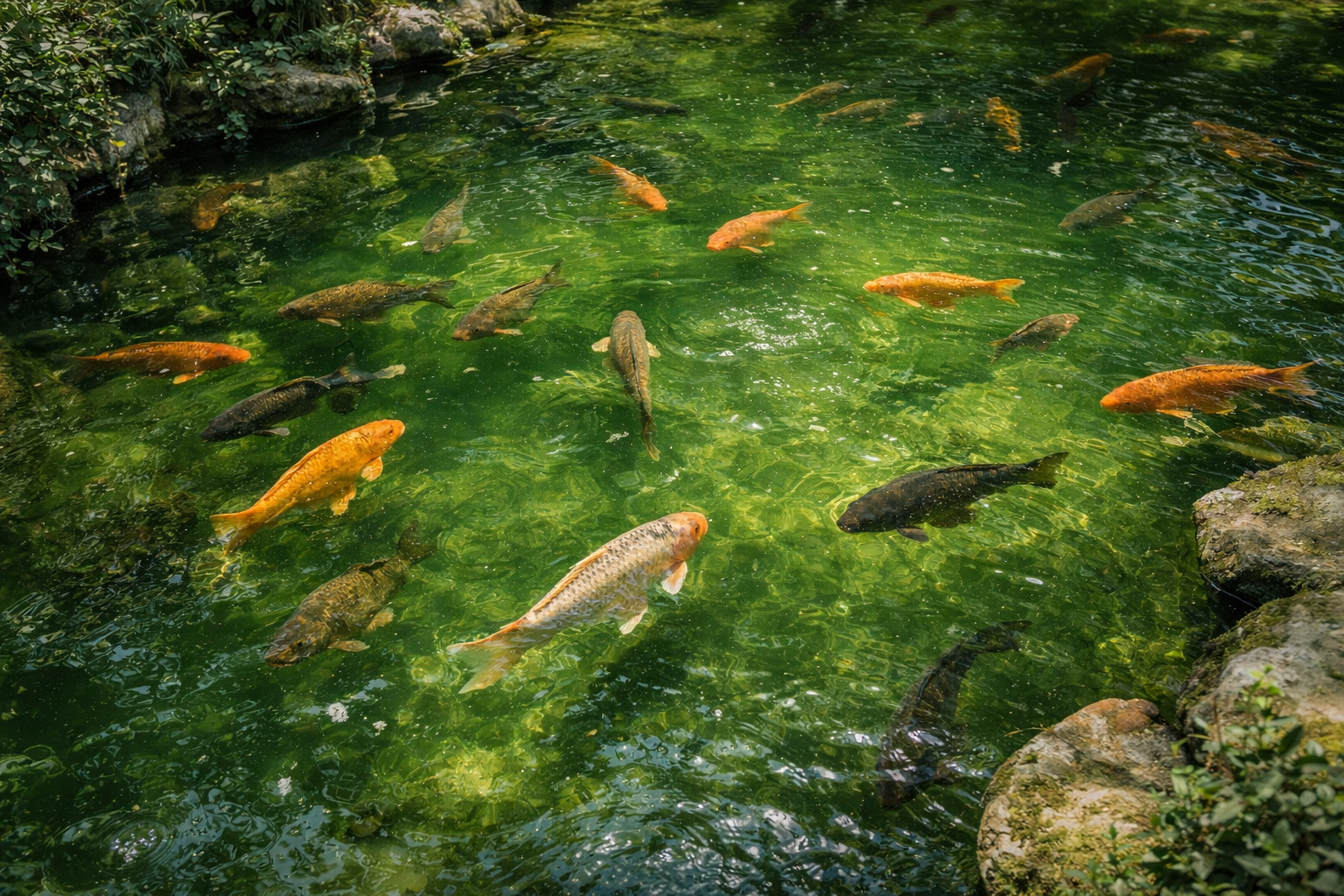 eau verte bassin poisson bicarbonate de soude